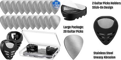 20 Black Metal Guitar Picks with Holder & Case
