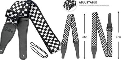 Durable Nylon Checkered Guitar Strap with Leather Ends (Black/White)
