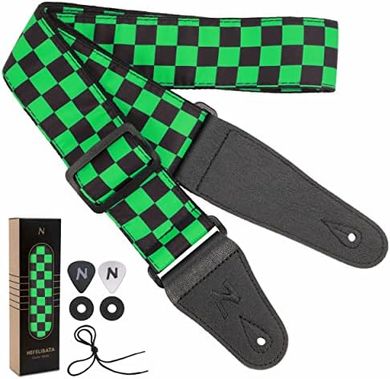 Custom Double-Layer Cotton Guitar Strap with Leather Ends (Green Square)
