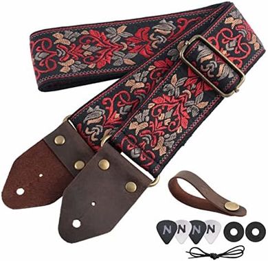 Nefelibata Jacquard Cotton Guitar Strap with Leather Ends (Retro Red Flower)
