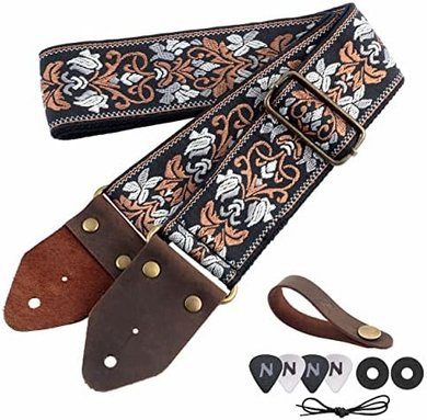 Nefelibata Jacquard Cotton Guitar Strap with Leather Ends (Retro Brown Flower)