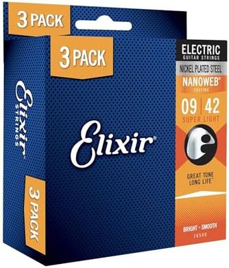 Elixir Nanoweb Electric Guitar Strings, Super Light .009-.042 (3-pack)
