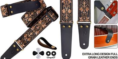 Nefelibata Guitar Strap: Leather, Jacquard, Pocket, Fits All
