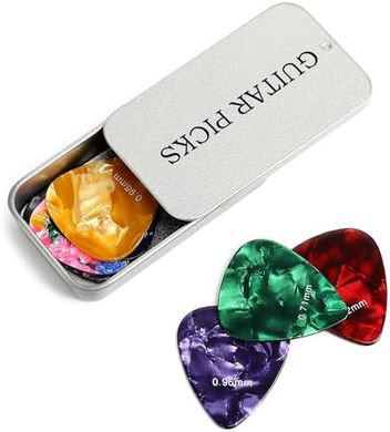 Celluloid Guitar Picks (15-pack, assorted gauges, metal box)
