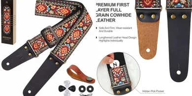 Nefelibata Embroidered Cotton Guitar Strap with Leather Ends (Saffron)