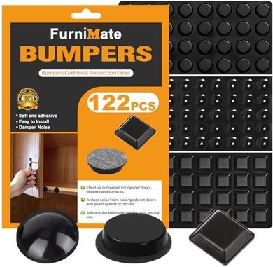 Self-adhesive rubber feet (122 pieces), black bumpers.
