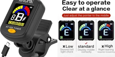 Aroma Rechargeable Clip-on Tuner: Guitar, Violin, Ukulele, Bass, Mandolin