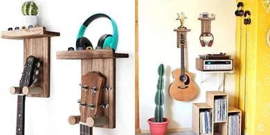 Keebofly Guitar Wall Mount: 2-Pack Wood Hanger with Pick Holder