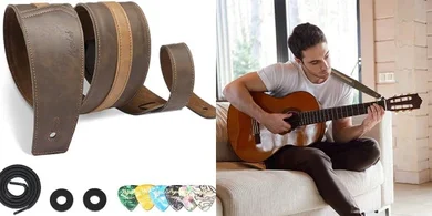 Brown Leather Bass/Guitar Strap with Pad, Locks & Picks