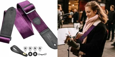 Nefelibata Vintage Purple Leather Guitar Strap with Picks, Locks & Button