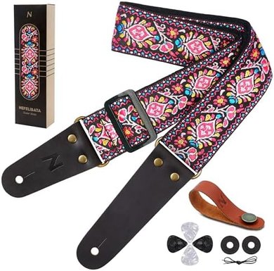 Nefelibata Vintage Cotton Guitar Strap with Leather Ends & Accessories