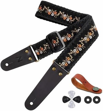 Nefelibata Guitar Strap: Embroidered Leather, Locks, Picks Included