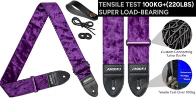 Purple Flocked Velvet Guitar Strap with Leather Ends