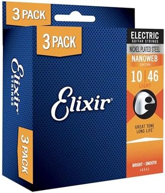 Elixir Nanoweb Coated Electric Guitar Strings (Light 10-46, 3-pack)
