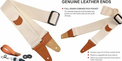 Nefelibata Vintage Leather Guitar Strap with Pick Pocket & Locks (Beige)