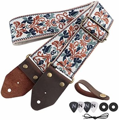 Golden Jacquard Cotton Guitar Strap with Leather Ends