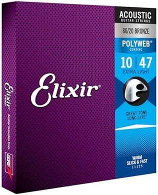 Elixir 80/20 Bronze Acoustic Guitar Strings: Polyweb coated, extra light (10-47).